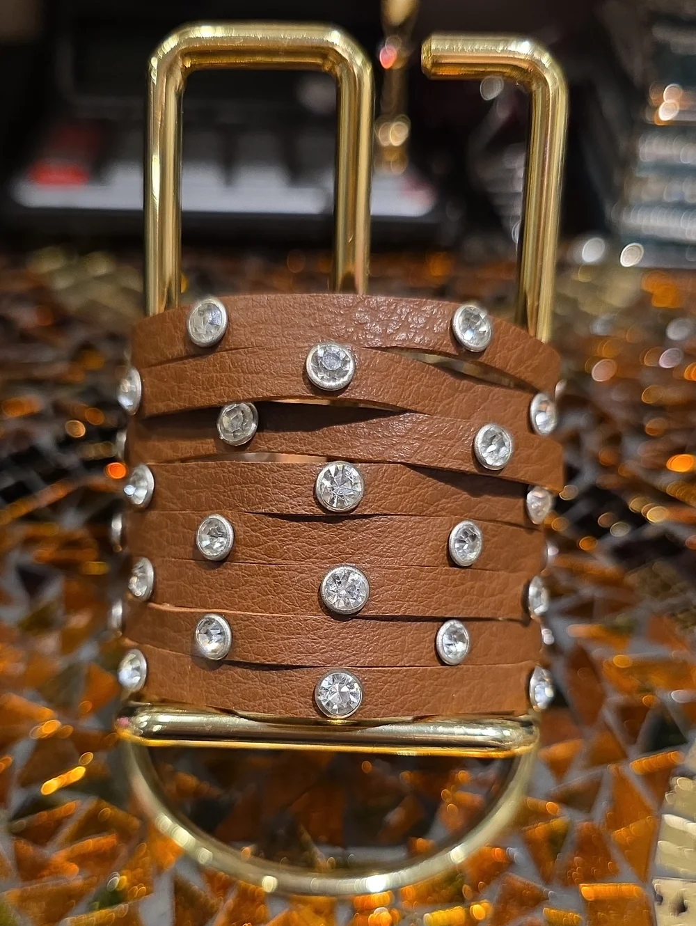 Source Unknown Tan Wrap Bracelet with Clear Crystal Studs and Gold Hardware